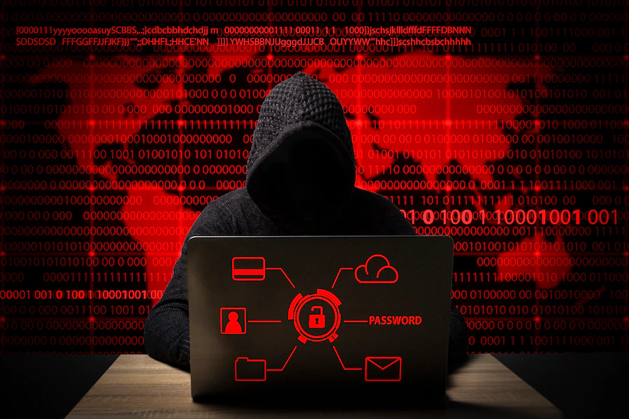 hacker jacket with hood with laptop sits table 164357 56